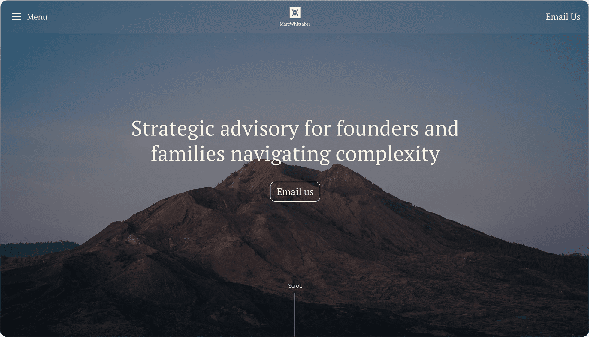 MarcWhittaker advisory website hero over a mountain landscape
